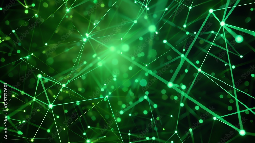 Poster glowing green particles form a complex network of connections. the abstract background suggests a hi