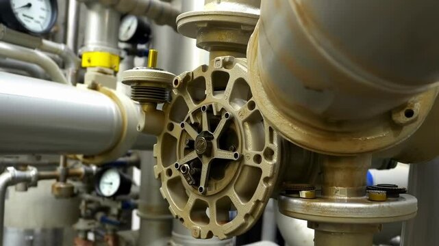 Industrial pipeline system with rotating pump, highlighting intricate network of pipes, valves, and gauges representing complex fluid transport mechanics in manufacturing environment