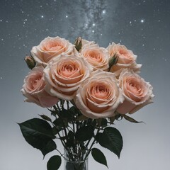 A fresh, glowing rose bouquet in a starry meadow, with a soft, white background adding to the tranquility.