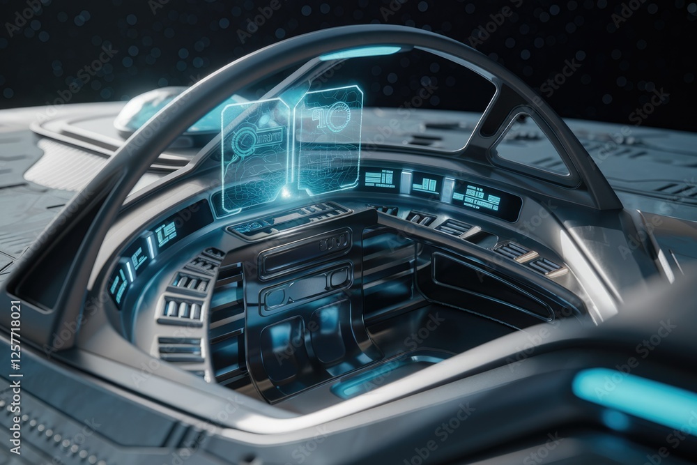 Poster Futuristic spaceship cockpit with holographic displays showing navigation and system data.