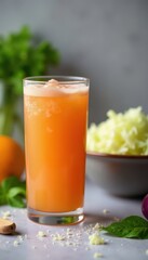 Fototapeta premium Glass of sauerkraut juice, bowl of shredded cabbage, sour, sharp