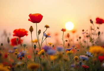 Fototapeta premium Radiant Meadow: Wildflowers bask in the warm glow of sunrise, a tapestry of color