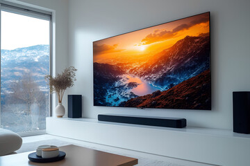 tv connected with sound bar in farmhouse. Home entertainment system mockup. Tech, visual, audio entertainment. Stylish interior design, 300dpi, 3d