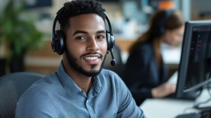 Technical support agent guiding client through setup, advanced digital tools and computer systems, professional and focused modern workspace