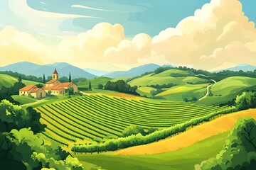 Naklejka premium beautiful summer fields landscape with a dawn, green hills, bright color blue sky, country background in flat cartoon style banner. Gravel road and beautiful landscape in Namibia. 