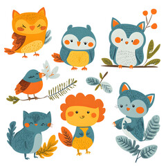 Cute cartoon owl set with various expressions and animal friends