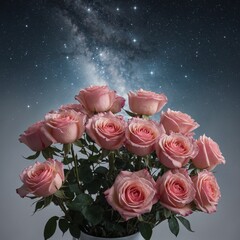 A glowing bouquet of pink roses under a soft starry sky, creating a peaceful contrast against the pure white background.