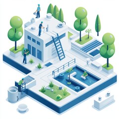 A minimal isometric icon depicting sustainable design with a worker team constructing rainwater harvesting systems.