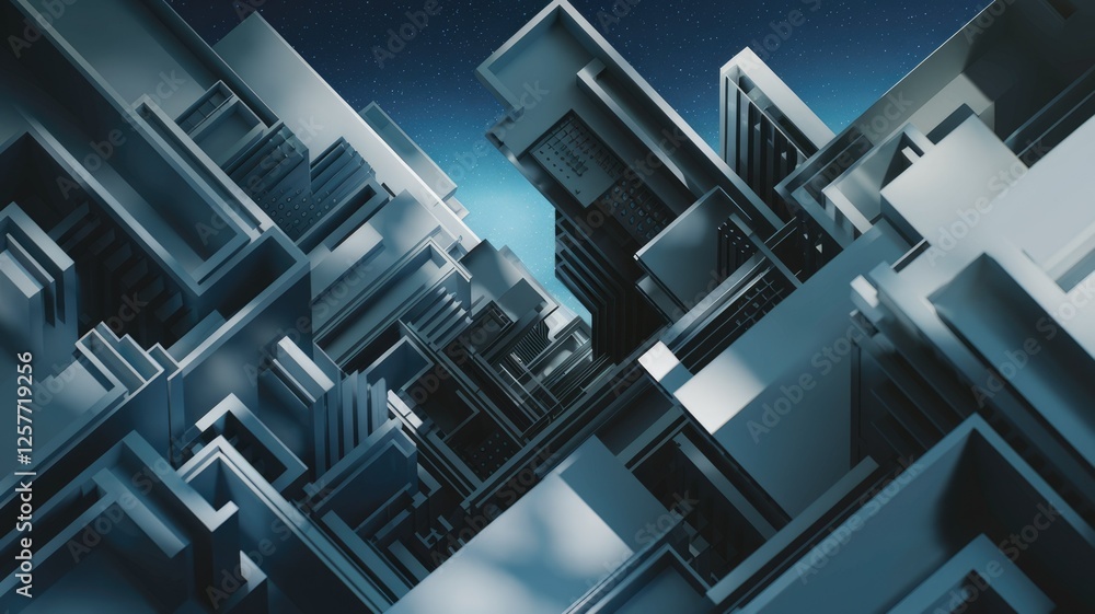 Aufkleber Abstract 3D rendering of a complex, futuristic metallic structure against a starry night sky.