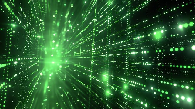 Elegant Futuristic Glowing Green Plexus Structure With Particles And Light Rays. Abstract Digital Technology And Science Concept.