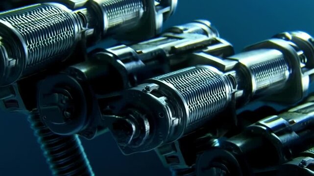 Intricate metallic tentacle like structure gliding smoothly through deep blue underwater environment, revealing complex technological design and futuristic engineering mechanics