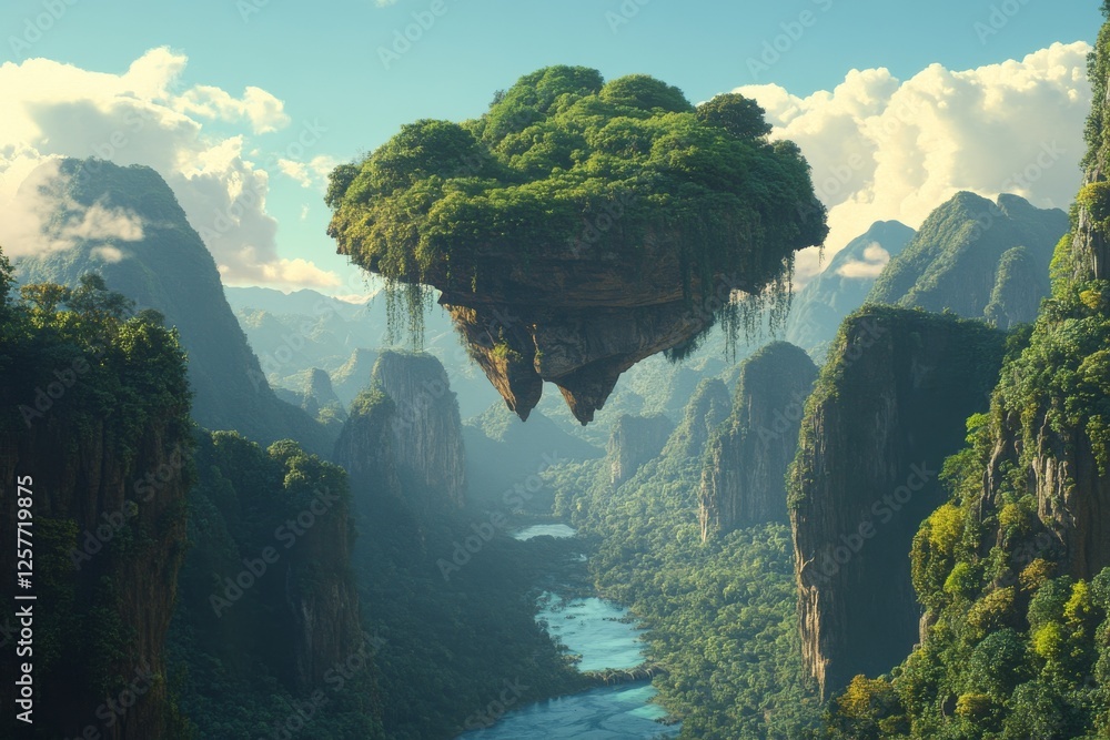 Poster a mesmerizing art illustration of a floating island complete with pools and trees, conjuring up a fa