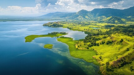Aerial view of a serene lake with lush green hills and vegetation.
