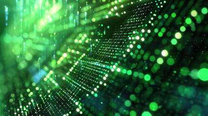 Abstract background of glowing green particles. Futuristic technology or science concept. Big data visualization. 3D rendering.