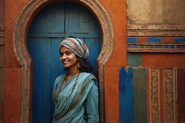Obraz premium Expressive oil painting of a joyful Indian woman emerging from a Rajasthani heritage arch, blending tradition and empowerment for International Women’s Day, 8 March.