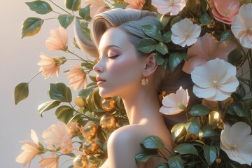 Elegant 3D illustration of a woman in side profile, surrounded by lush flowers and leaves, symbolizing growth, beauty, and empowerment for International Women’s Day, 8 March.