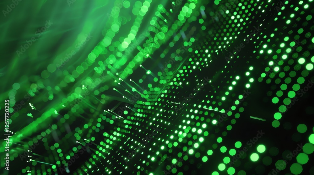 Poster glowing green dots and lines of light form an abstract futuristic background.
