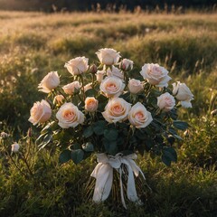 A glowing bouquet of roses placed gently in the meadow, with a serene white background that gives the scene a calm vibe.