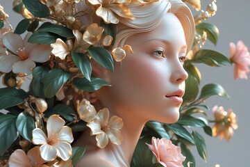 Elegant 3D illustration of a woman in side profile, surrounded by lush flowers and leaves, symbolizing growth, beauty, and empowerment for International Women’s Day, 8 March.