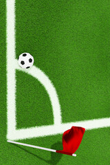 3D green soccer field with a ball on the corner line and a red flag. Match, game, championship....