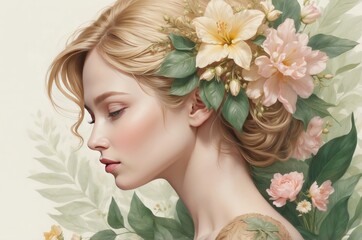 Elegant 3D illustration of a woman in side profile, surrounded by lush flowers and leaves, symbolizing growth, beauty, and empowerment for International Women’s Day, 8 March.