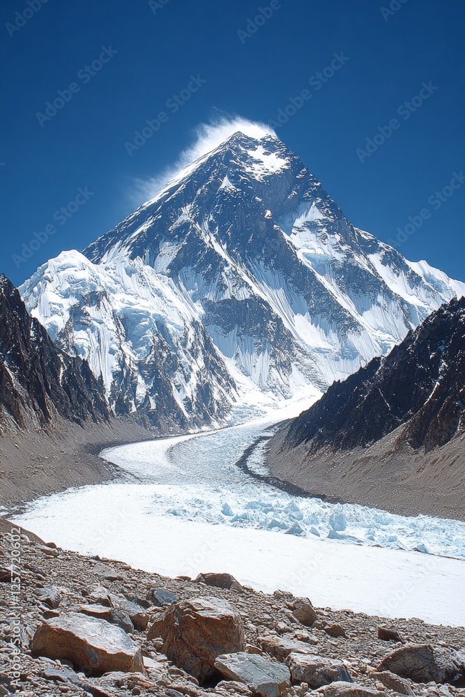 Canvas Prints A snow covered mountain with a glacier in the foreground