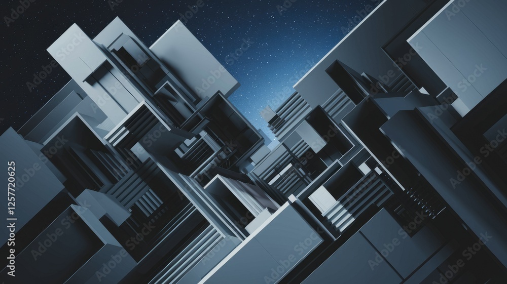 Poster Abstract 3D rendering of complex geometric shapes, resembling a futuristic cityscape under a starry night sky.