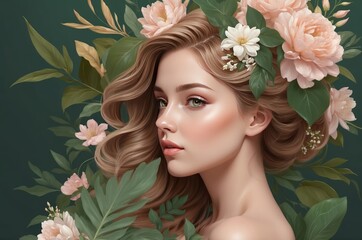 Elegant 3D illustration of a woman in side profile, surrounded by lush flowers and leaves, symbolizing growth, beauty, and empowerment for International Women’s Day, 8 March.