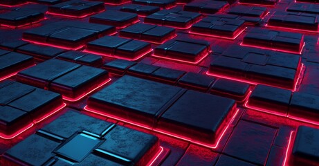 Obraz premium Glowing orange futuristic energy lines and stripes form a horizontally flying rectangular magic hi-tech object on an abstract background