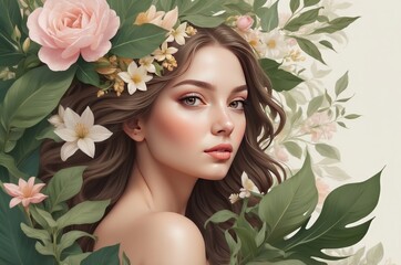 Elegant 3D illustration of a woman in side profile, surrounded by lush flowers and leaves,...