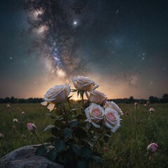 A romantic starry sky above a bouquet of roses gently placed in the meadow, with an uninterrupted pure white backdrop.