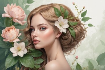 Elegant 3D illustration of a woman in side profile, surrounded by lush flowers and leaves, symbolizing growth, beauty, and empowerment for International Women’s Day, 8 March.