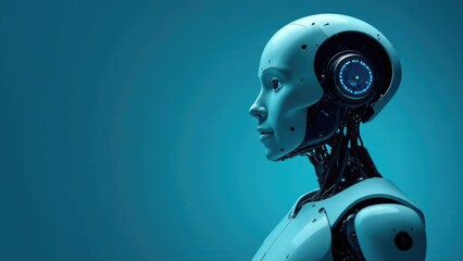 the robot is facing forward and raised his hand up, smiling , household assistants, artificial intelligence, helping a person, light background, free space on the side for text