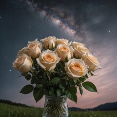 A soft, glowing rose bouquet under the light of distant stars, set against a backdrop of pure white.