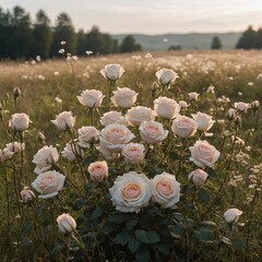 A soft bouquet of roses in the middle of a star-filled meadow, with a white background accentuating the scene.