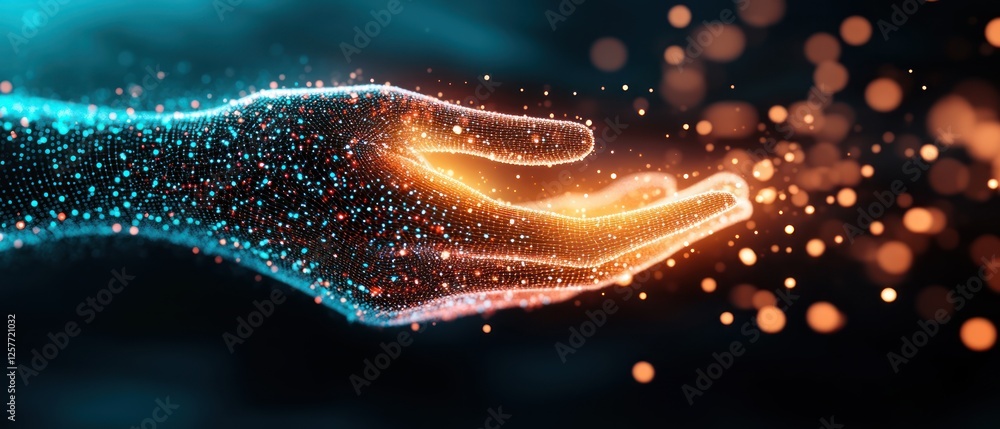 Aufkleber Glowing Digital Hand Reaching Out with Sparkling Particles Against Dark Background