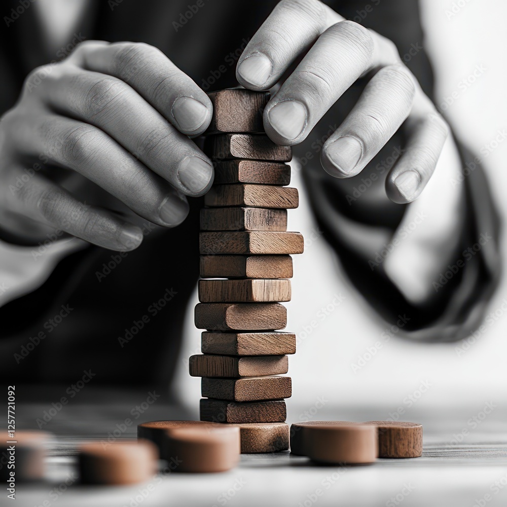 Poster focused hands stacking wooden blocks in a business setting for success concept