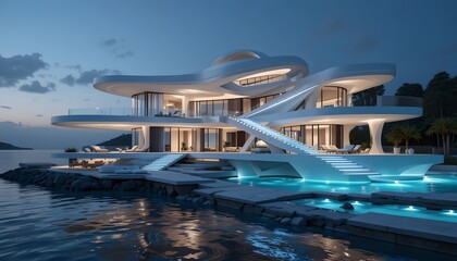 Fototapeta premium Ultra-modern 8K house with a minimalist design, large skylights, and a seamless indoor-outdoor flow