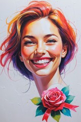 Joyful colored pencil drawing of a smiling woman’s face, perfect for Women's Day, 8 March, and various artistic projects.