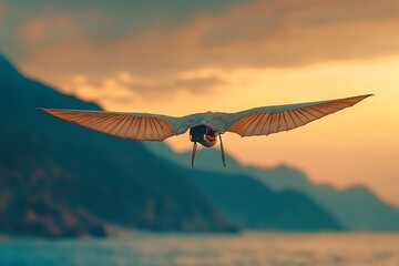 As the sun dips beneath the mountain range, a spy drone's silhouette glides across the sea