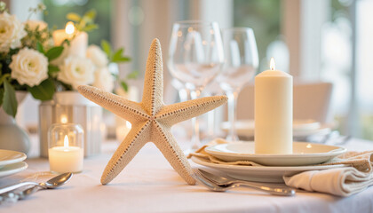 Elegant beach wedding table setting with starfish decoration, ocean theme