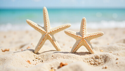 Whimsical starfish decorations on sandy beach, charming accents