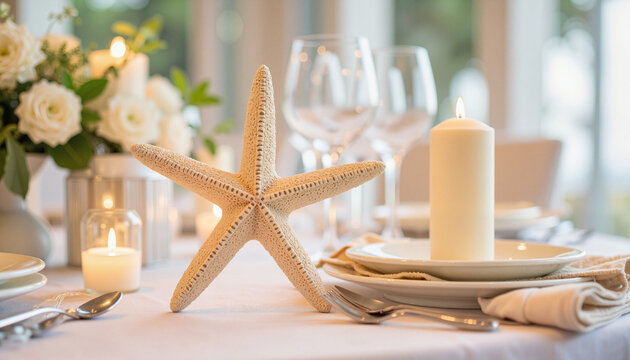 Elegant beach wedding table setting with starfish decoration, ocean theme