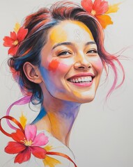Joyful colored pencil drawing of a smiling woman’s face, perfect for Women's Day, 8 March, and various artistic projects.