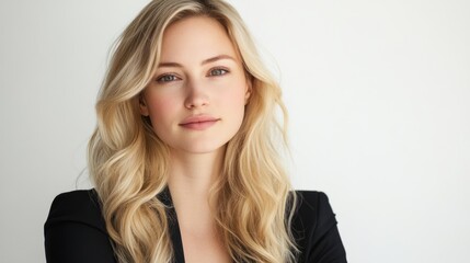 Naklejka premium Stunning Blonde Woman Portrait: Professional Headshot with Wavy Hair and Serene Expression