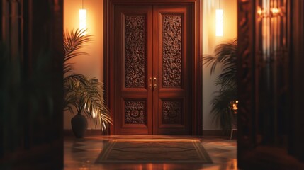Fototapeta premium A traditional wooden door with elegant carvings,