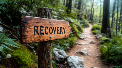 Rocky trail in beautiful summer forest, wooden sign reading Recovery