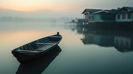 Obraz premium A traditional wooden fishing boat anchored by a serene