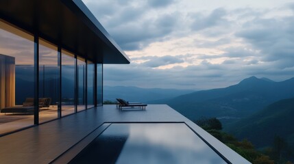 Fototapeta premium A breathtaking contemporary villa perched on a hillside, panoramic glass walls offering stunning mountain views, a spacious terrace with lounge chairs, infinity-edge pool, hyper-detailed lighting