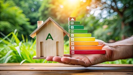 Hand holding a wooden house with energy efficiency rating chart from, symbolizing sustainable housing, energy conservation, and environmental responsibility.